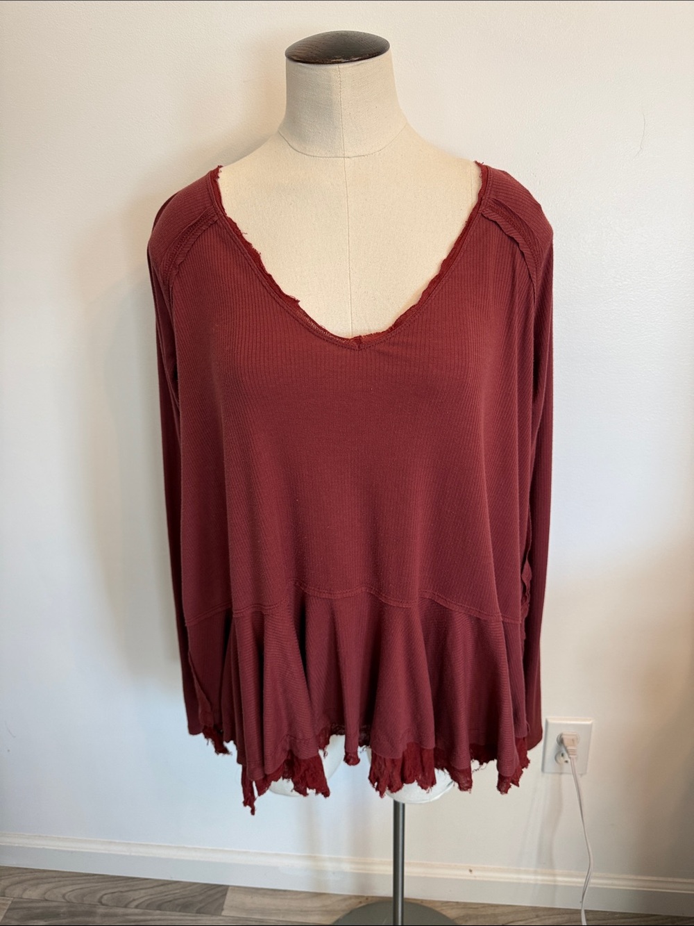 We The Free Distressed V-Neck Peplum Top in Maroon